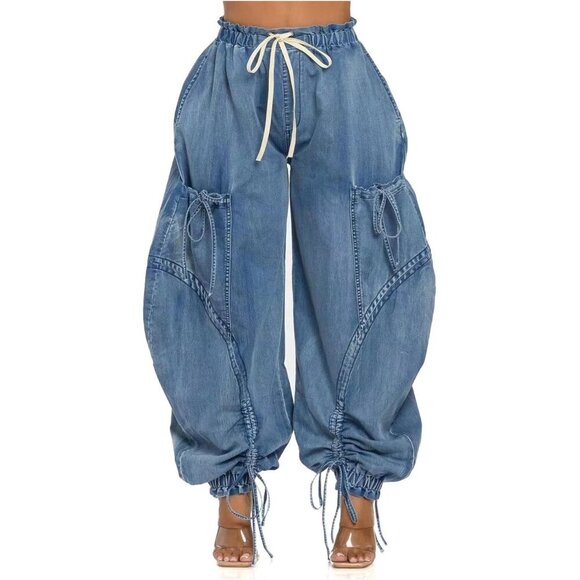 Denim - Women's Baggy Cargo Jeans Denim High Waisted Drawstring Streetwear